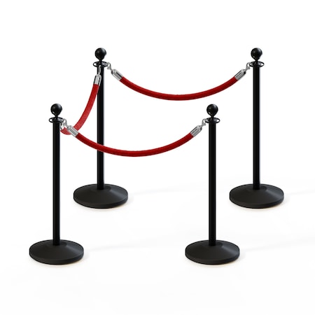 Montour Line Stanchion Post and Rope Kit Black, 4 Ball Top3 Red Rope 4-BK-BA-3-PVR-RD-PS